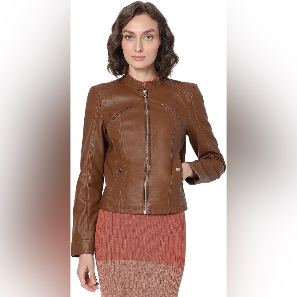 Vero Moda Cognac Brown Faux Leather Zip Jacket